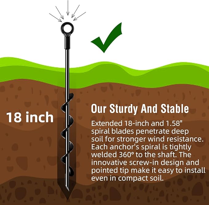 Ground Anchors Screw in, 18 Inch 4 Pack Spiral Swing Set Trampoline Earth Anchor Heavy Duty Metal Auger Stakes Kit for Shed Tent Tree Dog High Wind Carports Camping Mobile Home Greenhouse