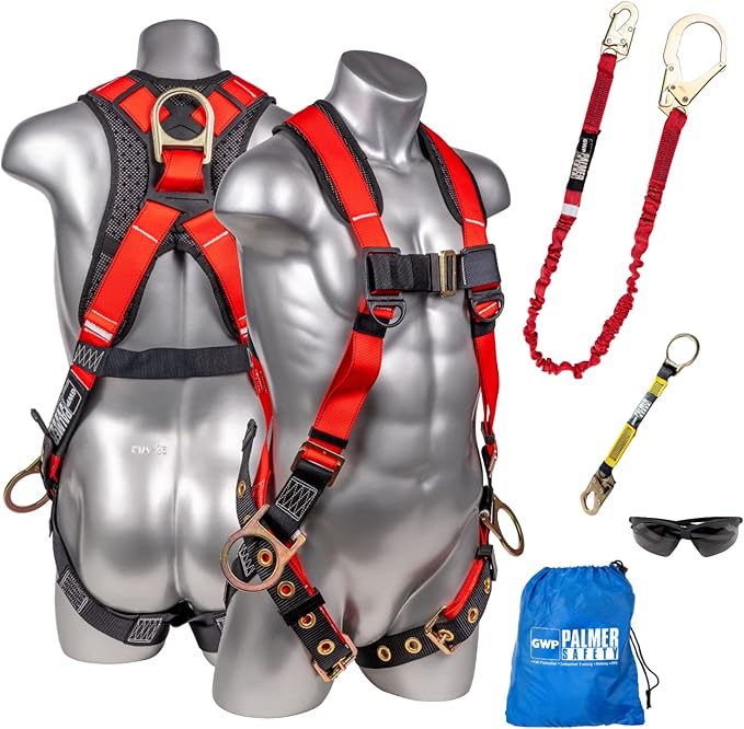 Palmer Safety Fall Protection Safety Harness Kit I Construction Harness + Various Lanyard + D-Ring Extender