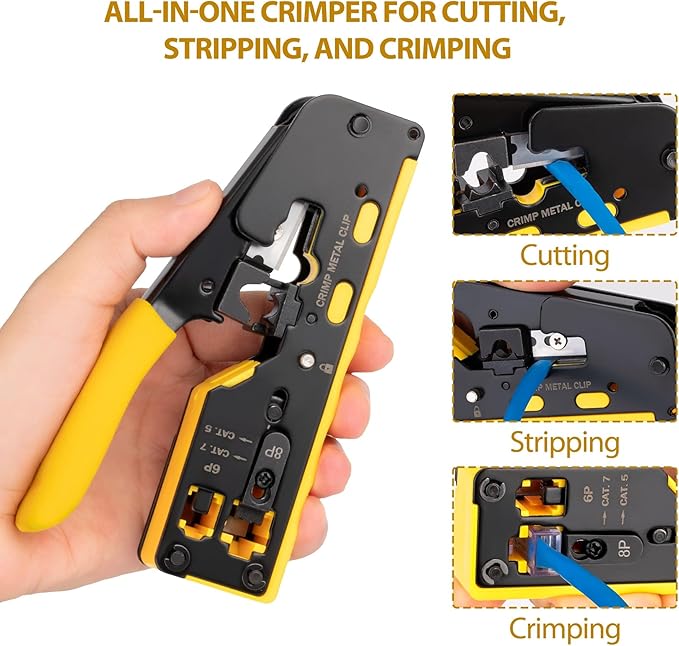 RJ45 Crimp Tool Pass Through Kit - Professional Complete Ethernet Crimping tool kit with Tester 30 Cat6 Connectors & Covers for Cat5/Cat5e/Cat6/Cat7/Cat8