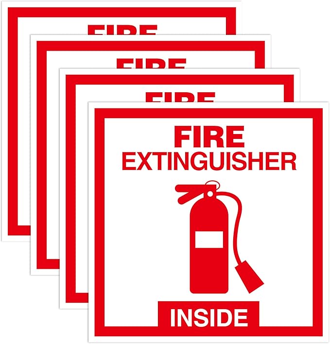 4 PCS Fire Extinguisher Inside Sign Stickers, Self-Adhesive Waterproof and Fade-Resistant Vinyl Fire Safety Label Decal for Business,Home,Trucks,Fire Extinguisher Boxes,Hydrant Containers