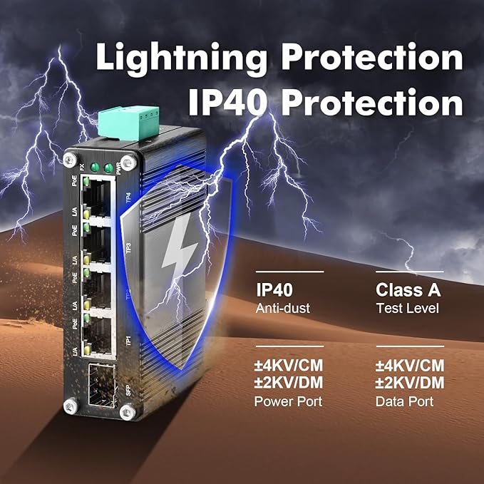 MokerLink 5 Port Gigabit Industrial Solar Battery UPS PoE Switch, Input DC9V-54V to Output DC48V, IEEE802.3af/at PoE, Mini Size, Unmanaged IP40 Network Switch (-40 to 185°F), 10Gbps Capacity