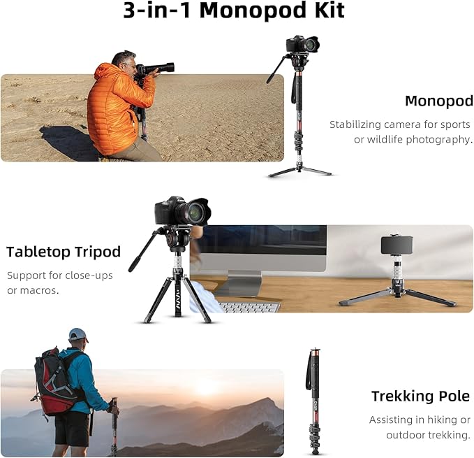 Cayer Monopod Camera Stand, Carbon Fiber Telescopic Monopods Kit with Video Fluid Head and Folding Support Base, 1 Extra Sliding Plate, for DSLR Video Cameras & Camcorders, CF34, 72 Inch