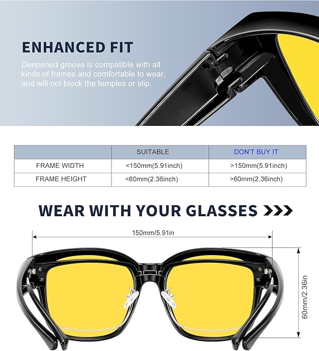 KALIYADI Night-Vision-Glasses Fit-Over-Glasses Wrap-Around Glasses: Anti Glare Night Driving Glasses for men women HD Lens