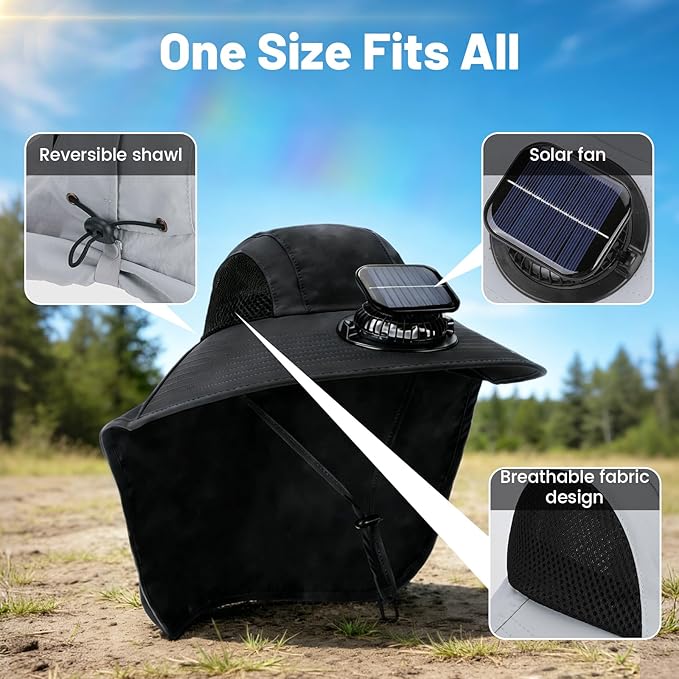 Solar Fan Hat Wide Brim Hat with Fan Sunscreene Neck Flap 3-Speed Outdoor Sun Hat for Fishing,Hiking,USB Solar Charging