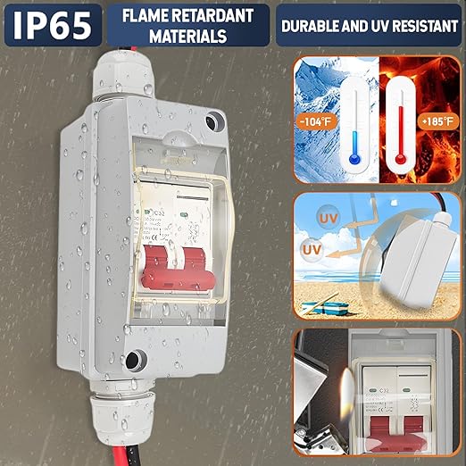 2P DC 500V 32A Solar Disconnect Switch, Miniature Circuit Breaker with IP65 Waterproof Box & PV Connectors, Photovoltaic Combiner Box for Solar Panel System RV Marine
