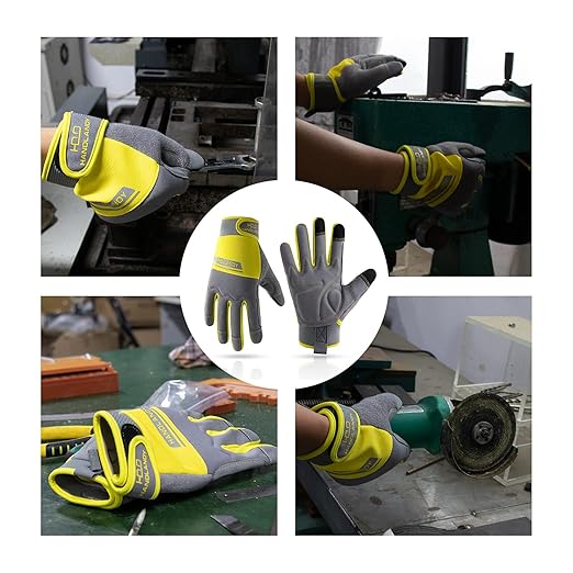HANDLANDY Work Gloves Mens & Women, Utility Safety Mechanic Working Gloves Touch Screen, Flexible Breathable Yard Work Gloves (Large, Grey&Yellow)