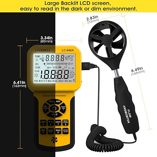 HVAC Anemometer Handheld CFM Meter LC-846A Wind Speed Meter with Back Light, MAX/MIN/AVG for Measure Air Flow Velocity Temp(Suitcase Included)