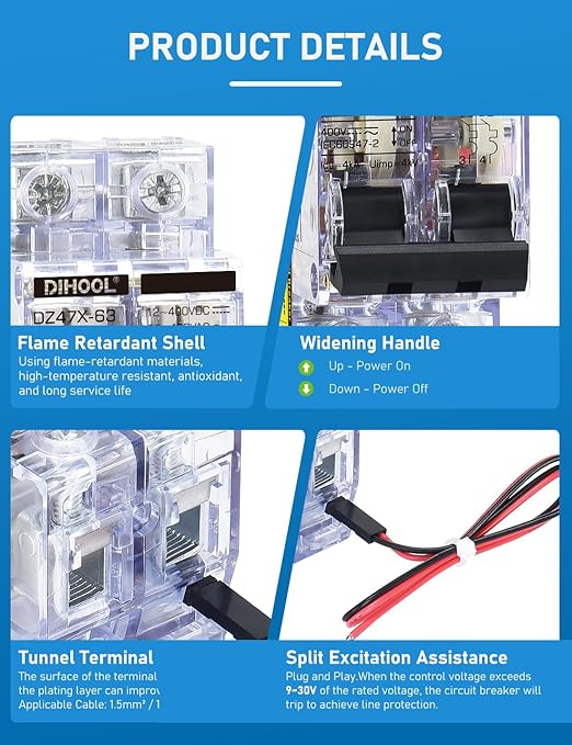 DIHOOL 60A DC Circuit Breaker with Remote Control, 12V-400V DC & 90-400V AC, 2 Pole Miniature Circuit Breaker, DIN Rail Mount Disconnect Switch
