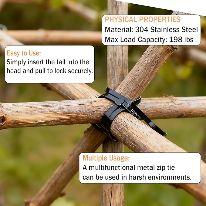 100PCS Heavy-Duty Metal Zip Ties with Cable Tie Gun for Fastening and Cutting, 11.8 Inch UV-Resistant Black Stainless Steel Ties for Fence, Pipe, Exhaust, Vehicle & Farm Use