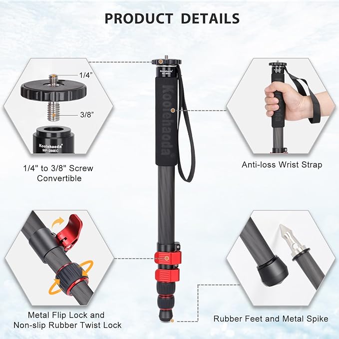 Koolehaoda Monopod for Camera, 65" Carbon Fiber Portable Compact Lightweight Travel Monopod Unipod Stick for DSLR Canon Nikon Sony Video Camcorder, Easy to Carry (MP-285EC)