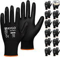 KAYGO Work Gloves for Men and Women,12 Pairs Seamless Knit PU Coated Safety Gloves, with Smooth Grip on Palm and Fingers, Ideal for Light Warehouse, Manufacturing, Gardening, KG11P (2XL, Black)
