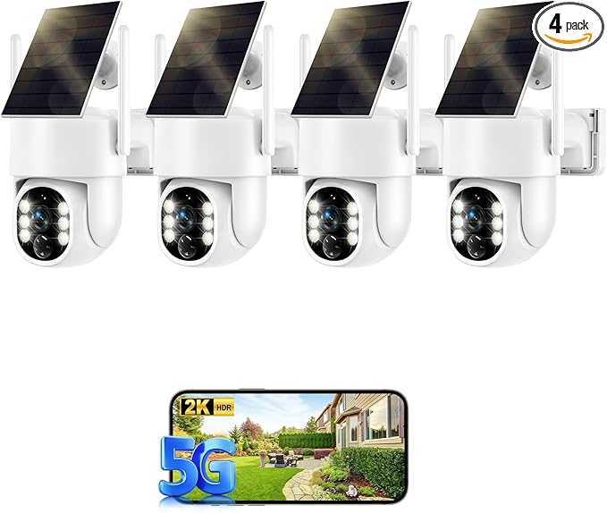 Solar Security Cameras Wireless Outdoor, 5G&2.4GHz Cameras for Home Security, 2K Solar Outdoor Camera, Color Night Vision, AI Human Detection, 2-Way Talk, Siren Alarms (4-Pack)