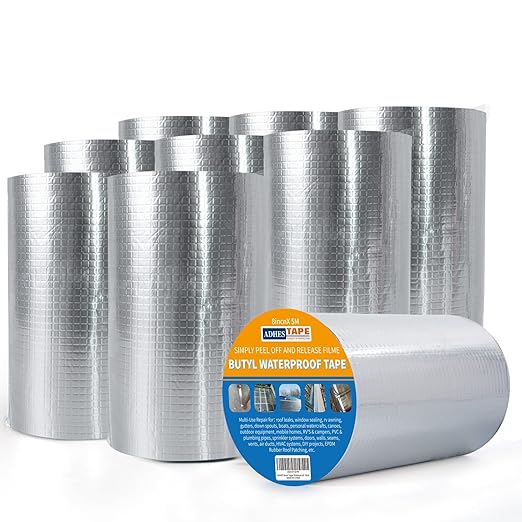 ADHES Upgrade Butyl Tape Waterproof Tape, 1.2mm Thick, 9 Rolls x 8 inch x 16 feet, Aluminum Foil Tape Butyl Sealant tape for RV Repair, Boat and Pipe Sealing, Glass & EDPM Rubber Roof Patching, Silver