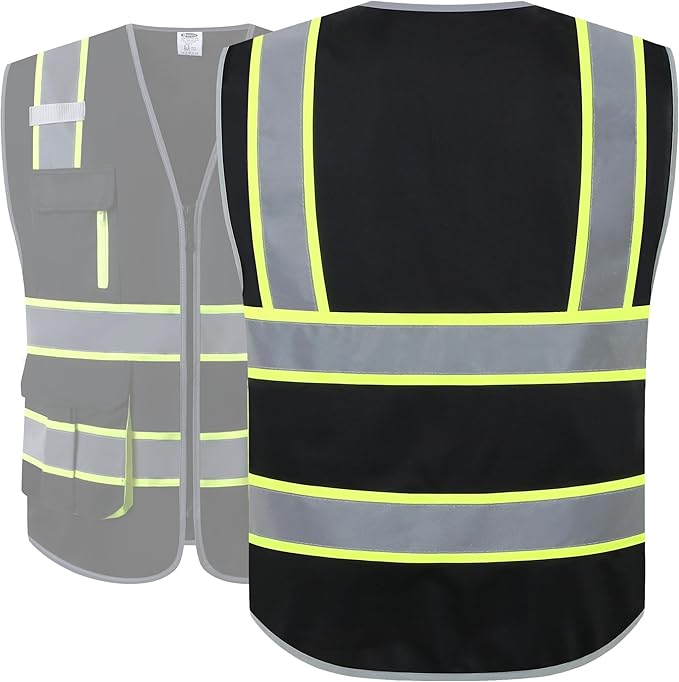 JKSafety 7 Pockets High Visibility Safety Vest for Men and Women Zipper Front with Hi-Vis Reflective Strips Meets ANSI/ISEA Standards (130-Black, Large)