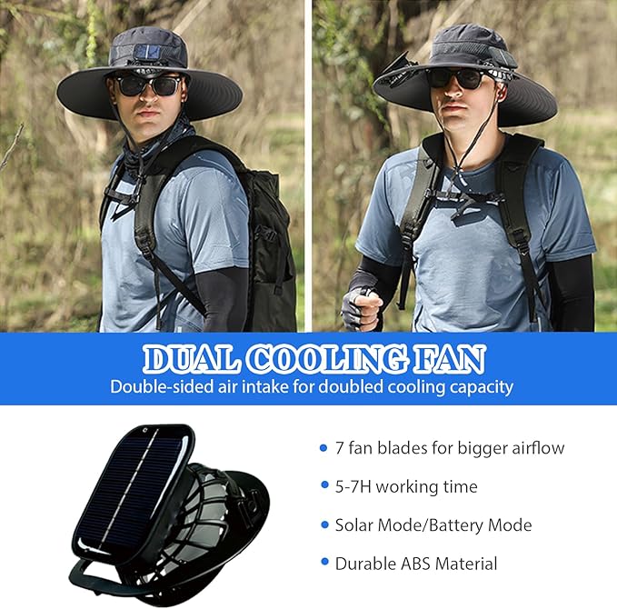 Men's Wide Brim Solar Fan Outdoor Fishing Hat in Grey - includes 2 Solar Fans, Medium, Black