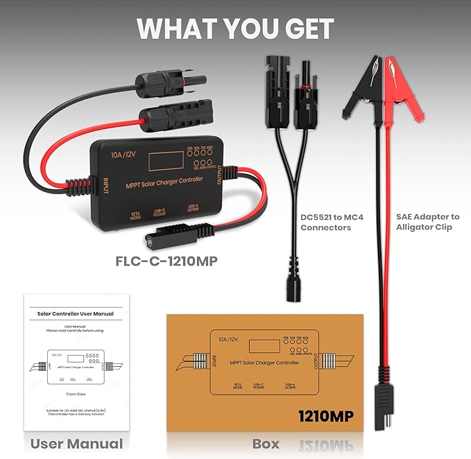 FlexSolar 12V10A Solar Charge Controller with USB-C PD36W & USB-A QC18W Outputs Compatible for Gel, AGM, LiFePO4 Batteries