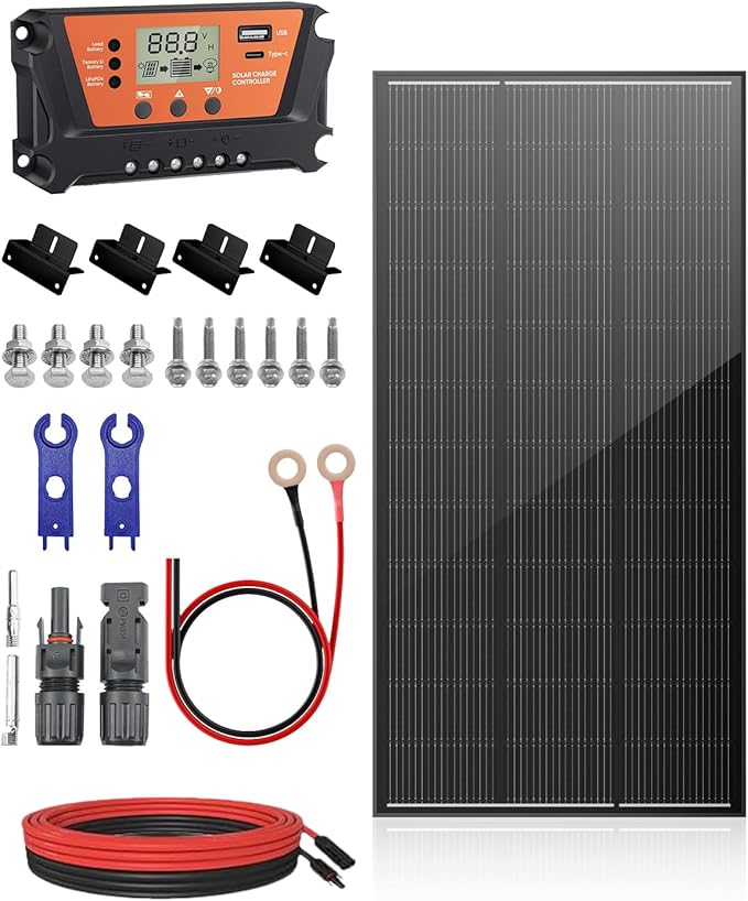 200 Watt Solar Panel Kit, 18BB 200W N-Type Solar Panels 25% Efficiency, 30A Charge Controller, 10AWG Solar Cable and Tray Cable, Black Z Brackets Boat, Camper