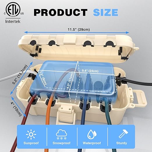 Flemoon Medium Outdoor Electrical Box (11.5x5.2x4 inch), IP54 Waterproof Extension Cord Cover w/6 Cable Entry Ports, Weatherproof Connection Box for Power Strip, Timer, Holiday Lights, Almond