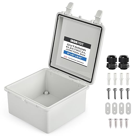 Iron Forge Cable Waterproof Junction Box - Outdoor Enclosure with Accessories, Weatherproof Hinged Light Gray Panel Cover, IP65 6"x 6"x 3.6"Inch