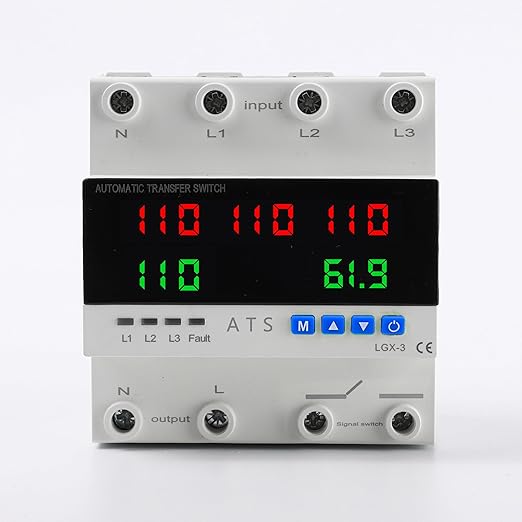 4P Automatic Transfer Switch with LCD Display, 63A Triple Power ATS with 5 Display for Real-Time Voltage & Current Monitoring (Input/Output), Automatic Changeover for Utility/Generator/Solar