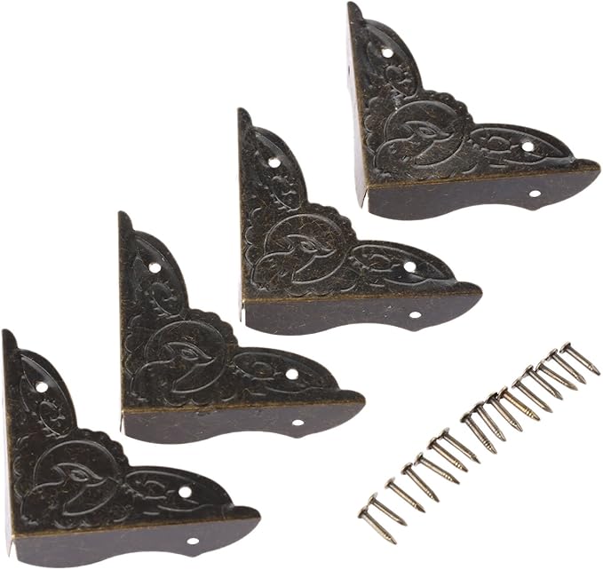 dophee 4 Pack Vintage Corner Protectors, 1.54"x1.54"x0.39" Antique Bronze Decorative Edge Corner Protectors, Three-Sided Metal Edge Cover with Mounting Nails for Table Jewelry Wine Wooden Box