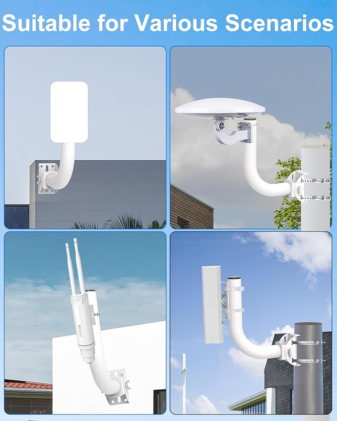 Universal Wireless Bridge Bracket, 150° Adjustable Lightweight J-Pole Mount for Wall or Pole, 12 in Outdoor Antenna Mast, 1.4 in OD, for Access Point CPE, AP, WiFi Extender, Weather Station (4-Pack)