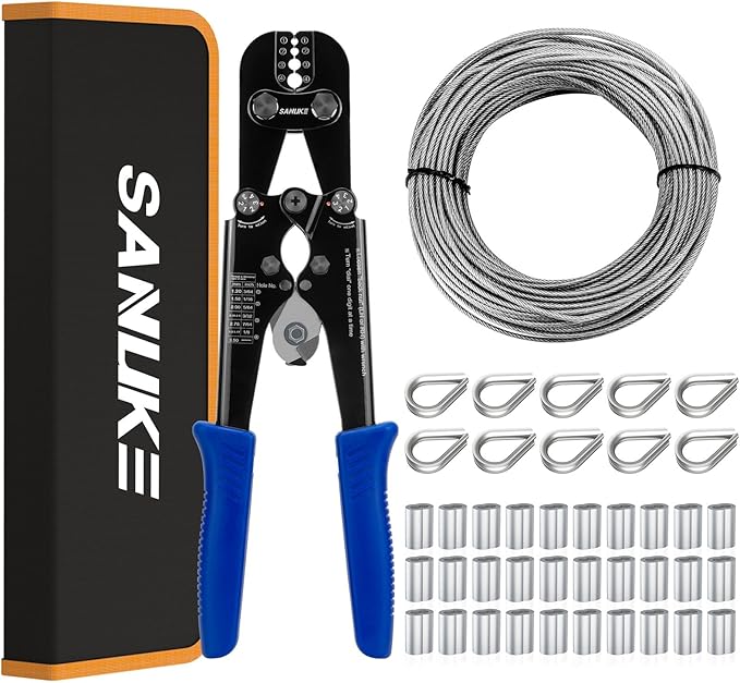 Sanuke Wire Rope Crimping Tool Kit with 33ft 1/8" Stainless Steel Cable 7x7 Strand Core for Aluminum Oval Sleeves, Double Sleeves, Crimping Loop Sleeves from 3/64-inch to 1/8-inch
