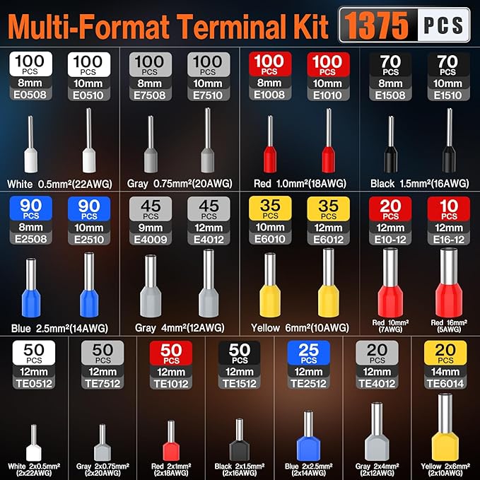 Preciva Ferrule Crimping Tool Kit - AWG 28-5 Hexagonal Ferrule Crimper with Automatic Wire Stripper and 1375Pcs Single/Twin Ferrule Connectors, Self-Adjustable Ratchet Ferrule Terminals Crimping Tool