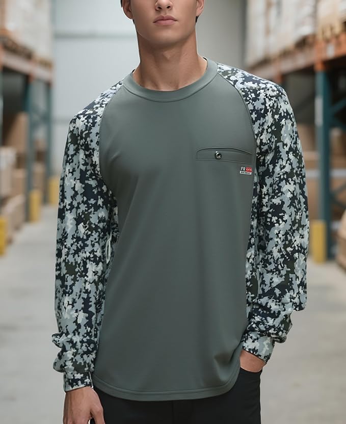 BOCOMAL FR Shirts Crewneck 5.5oz Lightweight Cotton Paisley Camo Two-Tone Flame Resistant Long Sleeve CAT2 Work Shirt