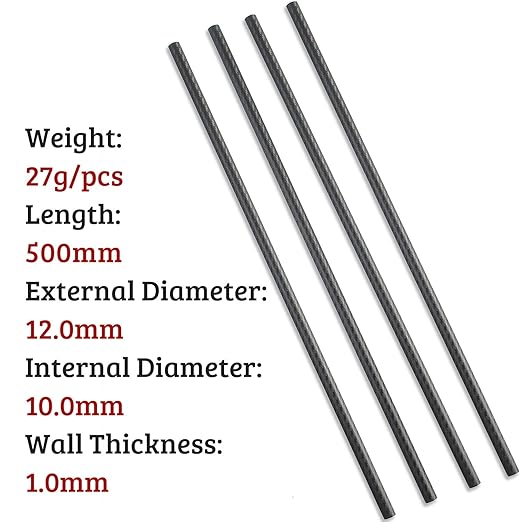 4pcs Carbon Fiber Tube 12x10x500mm,6~50mm Available, 3K roll Wrapped Twill Matte Finish.