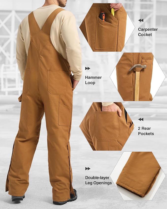 HISEA Insulated Bib Overalls for Men, Winter Water Resistant Duck Canvas Overall, Loose Fit Utility Workwear for Cold Weather