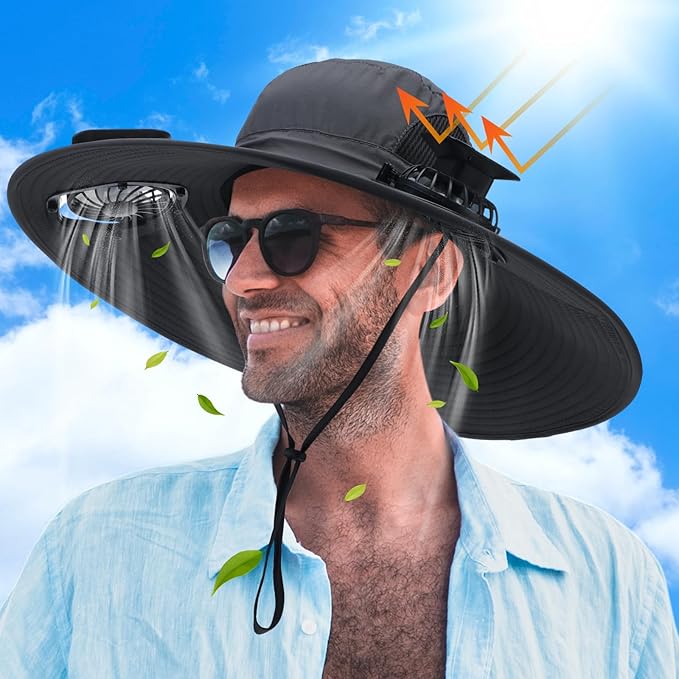 Berlune Men Sun Hat with 2 Solar Fans Wide Brim Outdoor Fishing Hat USB & Solar Powered for Sun Protection Camping Hiking