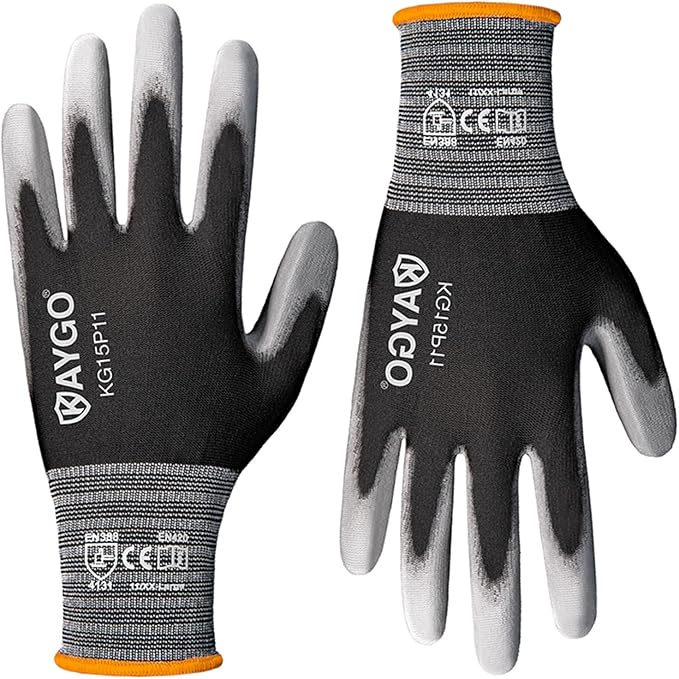 KAYGO Work Gloves PU Coated, 60 Pairs KG15P, Nylon Lite Polyurethane Safety Work Gloves, Gray Coated, Knit Wrist Cuff,Ideal for Light Duty Work, XX-Large, Black