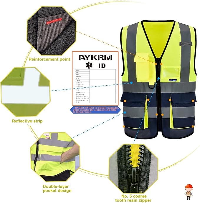 A-SAFETY High Visibility Safety Vest Reflective, 3M Multi Pockets Working Vest Zipper Front Class 2, Yellow&Navy, L