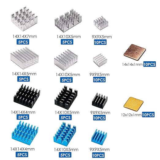 100 Pcs Heatsinks (Multi-Size&Multi-Color), Heatsink Kit with 3M 8810 Conductive Adhesive Tape Aluminum Heat Sink Copper Heat Sinks Cooler for Raspberry Pi 5/4/3/Zero VRM SSD 3D Printer