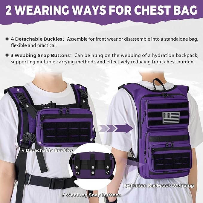 Tactical Hydration Backpack with 2L Water Bladder and Front Small Tactical Pouch, Outdoor Water Backpack for Men Women, Sports Hydration Pack for Hiking, Cycling, Climbing