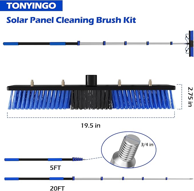 26Ft Reach Solar Panel Cleaning Brush Kit with 5-20ft Telescoping Pole - Telescopic Extension Pole with Dual Action Flip-Lock & Screw Fixing Design, Ideal for Snow Removal, Windows, Boats, RVs, Decks
