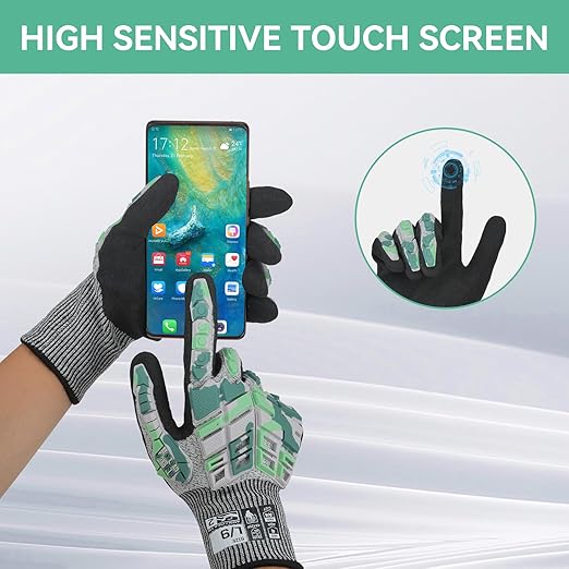 Safety Work Gloves, Impact Gloves for Men Women, Cut Resistant Non-Slip Heavy Duty Gloves with Nitrile Grip, Touch Screen Glove with Impact Protection for Mechanic Construction, Small, Camo