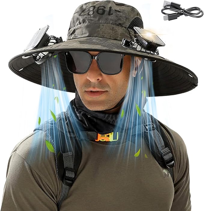 Solar Fan Hat for Men Women, Wide Brim UPF50+ Sun Hat with 2 Removable Fan 3-Speed Wind Solar&USB Charging