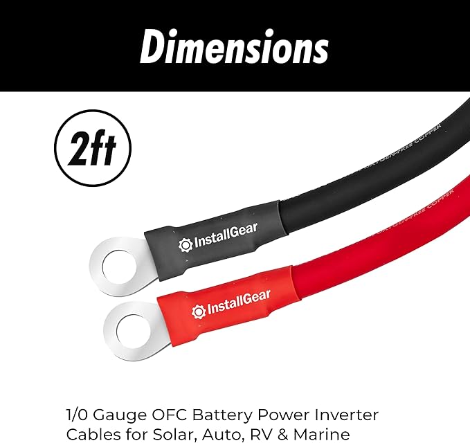 InstallGear 1/0 Gauge Wire - 2 Feet OFC Battery Power Inverter Cable Set - Durable PVC Jacket and Tinned Copper Lugs - Reliable 1/0 Battery Cable for Car, RV, Marine, Solar