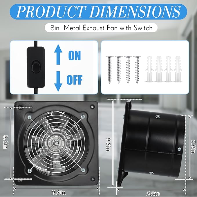 8 Inch Exhaust Fan 576 CFM Kitchen Exhaust Fan with Switch Small Exhaust Fan Bathroom Potable Plug in Garage Exhaust Fan with Damper for Shop, Smoking Room, Industrial Ventilation Use, Black