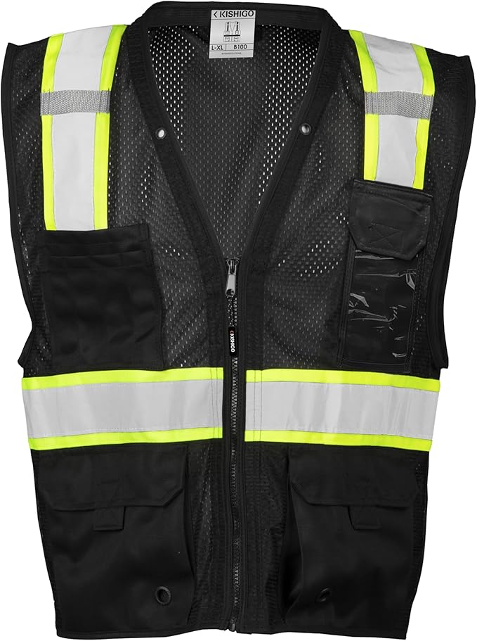 Kishigo Black Enhanced Visibility Men's Vest B100, Multi Pocket Mesh Hi-Vis Vest, Ultra-Cool Polyester, 6 Pockets, Zipper