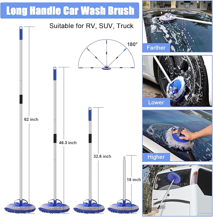 anngrowy 56.7" Car Wash Brush Mop Kit Mitt Sponge with Long Handle Car Cleaning Supplies Kit Tools Car Washing Duster Exterior Scratch Free, Chenille Replacement Head Extension Pole (Blue Set)