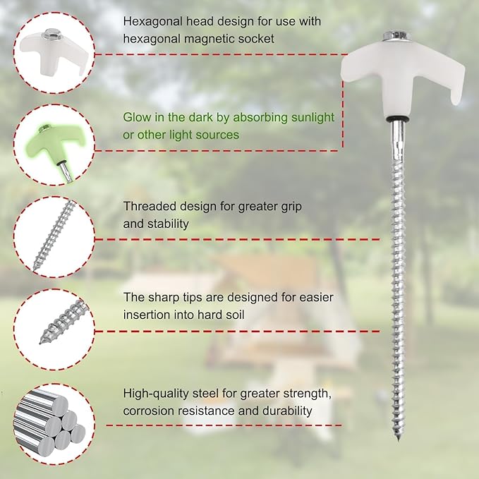 12 Pcs Tent Stakes Heavy Duty, 8 in Ground Anchors Screw in, Grow in the Dark Screw in Tent Stakes, Camping Stakes with Storage Box, Threaded Tent Spikes with Hex Head Driver and Stake Puller