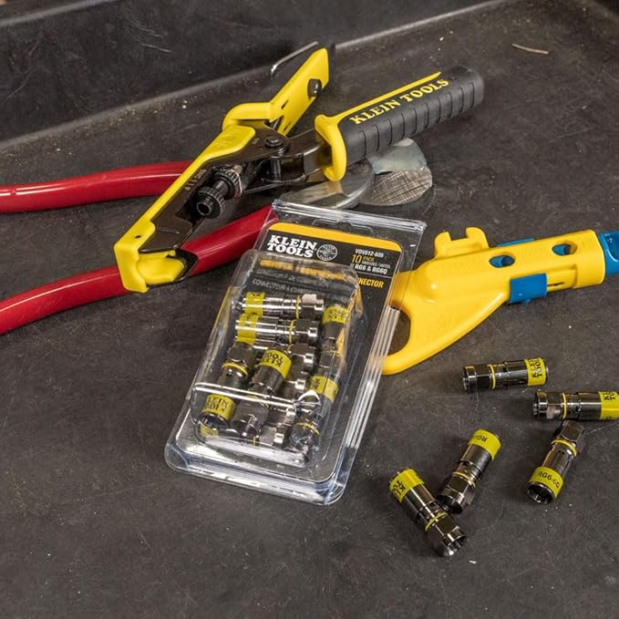 Klein Tools 80151 Coax Cable Compression Crimper and Stripper Set with 10-Pack of RG6/6Q F-Connectors for Fast and Reliable Installation, 3-Piece