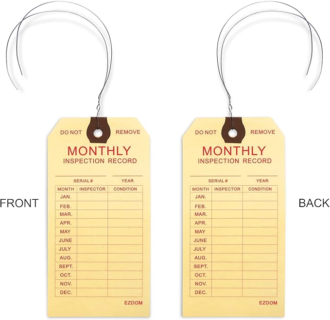 Fire Extinguisher Monthly Inspection Tags - 4 3/4" x 2 3/8" - Box of 100 Manila Service Tags with Wire Ties Attached for Indoor Only