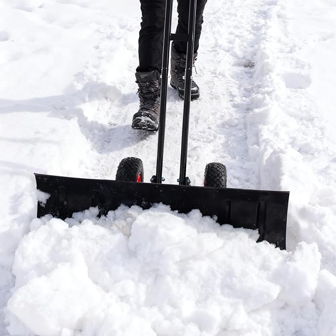 Snow Shovel with 2 Wheel(10 inch), 29in Heavy Duty Snow Plow Hand Pusher for Driveway, 5 Level Adjustable Blade Angle & Height Ergonomic Handle, Sidewalk and Pavement Clearing