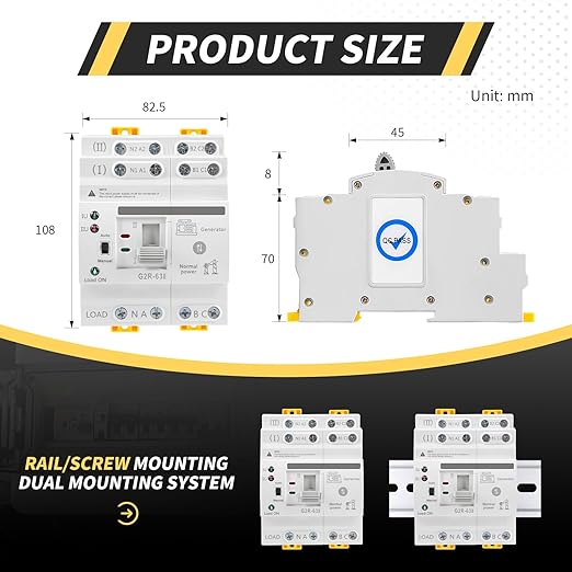Mini ATS Automatic/Manual Transfer Switch 4P 63A AC110V, Home Generator Manual Transfer for Uninterruptible Power Supply, 3Phas Dual Power Electrical Selector Switch DIN Rail （G2R 4P 63A AC110V）