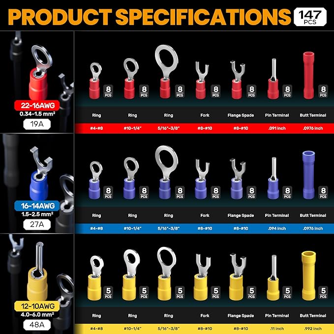 SOMELINE Wire Connectors Kit with Crimping Tool, 21 Types (UL Listed) Premium Insulated Electrical Terminals Assortment, 22-10 AWG Ratchet Wire Crimper - Ring, Fork, Butt, Pin Connectors (147 Pcs)