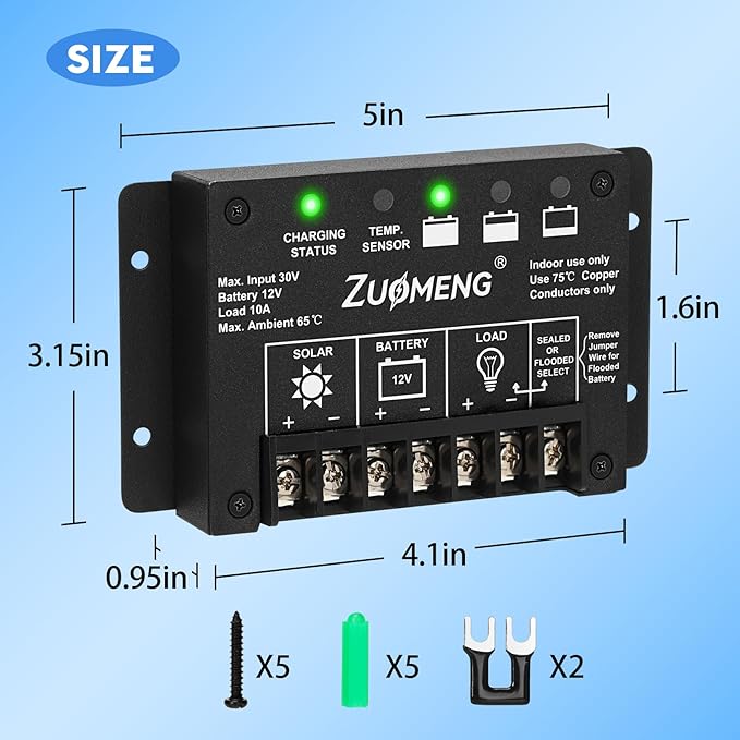 10A PWM Solar Charge Controller for 12V Lead-Acid Battery to Extend Battery Life, with Explosion-Proof Metal Housing, IP68, 4-Stage Charging, LVD, Temp Compensation, for Harsh Industrial Use